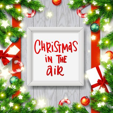 Çelenk ile tebrik kartı. Xmas vektör arka plan. Elle çizilmiş hat - Noel havada 