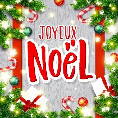  Neşeli Noel tebrik kartı tebrik ile Fransız dili. Xmas vektör arka plan. Elle çizilmiş hat Joyeux Noel