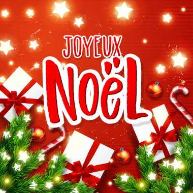  Neşeli Noel tebrik kartı tebrik ile Fransız dili. Xmas vektör arka plan. Elle çizilmiş hat Joyeux Noel