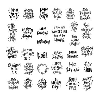  Merry Christmas dekorasyon tebrik kartları koleksiyonu. Xmas vektör arka plan. Çizilen hat tek el sakin tüm parlak, size bir merry christmas, Holly Jolly, barış dünyada diliyoruz 