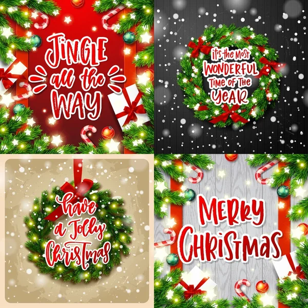 Merry Christmas decoration greeting cards collection. Xmas vector background. Hand drawn calligraphy all is calm all is bright , we wish you a merry christmas, Holly Jolly, peace on earth — Stock Vector
