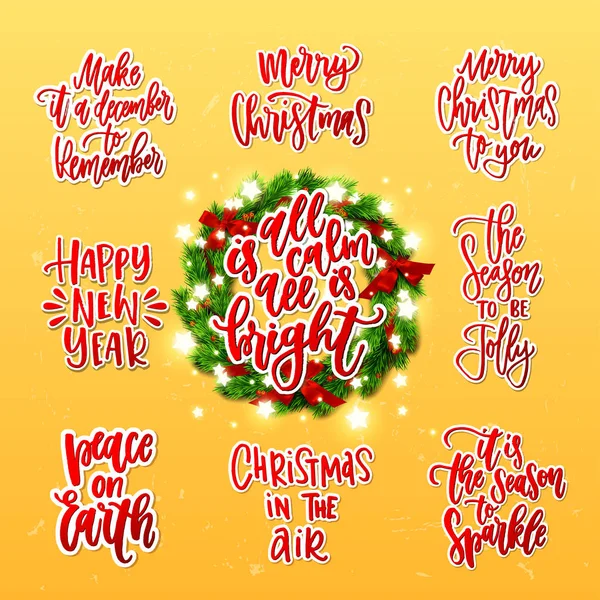 Merry Christmas decoration greeting cards collection. Xmas vector background. Hand drawn calligraphy all is calm all is bright , we wish you a merry christmas, Holly Jolly, peace on earth — Stock Vector