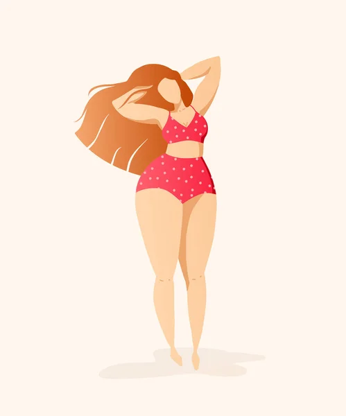 Girl with beautiful hair in red bikini with polka dots . Body positive illustration . Female character. Happy woman positive concept. Plus size body — Stock Vector