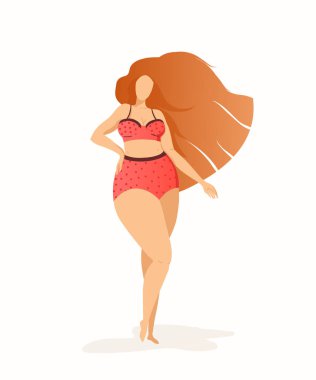 Kırmızı bikinili, puantiyeli güzel saçlı kız. Vücut pozitifliği. Kadın karakteri. Mutlu kadın pozitif konsept. Artı gövde boyutu