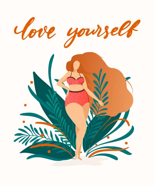 Plakat body positive z modnym ręcznie rysowanym napisem Kochaj siebie. Dziewczyna z pięknymi włosami na tle zielonych liści i roślin. Kobiece postacie. Cytat z feminizmu — Wektor stockowy