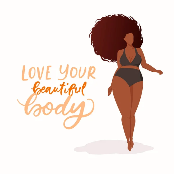 Personaggio femminile su poster con scritte trendy disegnate a mano Ama il tuo bel corpo. Ragazza con bei capelli in bikini arancione. Corpo citazione femminismo positivo — Vettoriale Stock