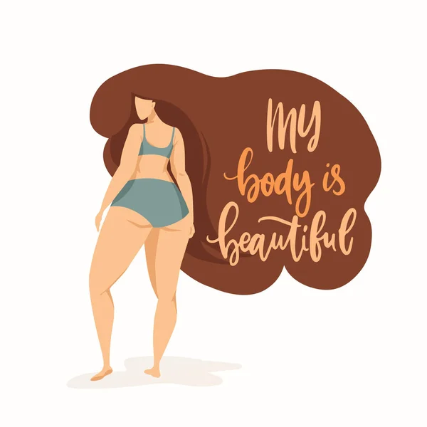 Personaggio femminile su poster con scritte trendy disegnate a mano Il mio corpo è bellissimo. Ragazza con bei capelli in bikini grigio. Corpo citazione femminismo positivo — Vettoriale Stock