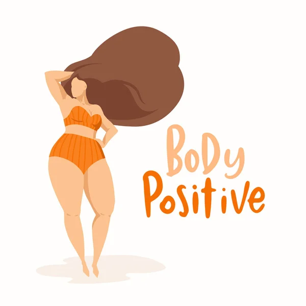 Affiche met trendy handgetekende letters Lichaam positief. Vrouwelijk karakter. Gelukkige vrouw positief concept. Plus het lichaam. Meisje met mooi haar in oranje bikini met strepen — Stockvector