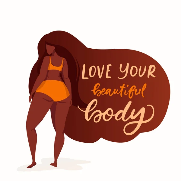 Female character on poster with trendy hand drawn lettering Love your beautiful body. Girl with beautiful hair in orange bikini. Body positive feminism quote — 图库矢量图片
