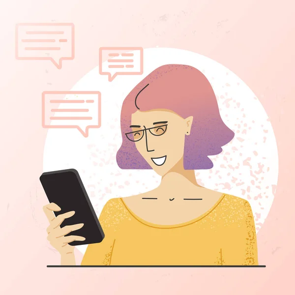 Smiling woman with pink hair in yellow clothes and glasses. Girl with mobile phone. Female character holding in hand smartphone. Illustration in trendy flat style. — 스톡 벡터