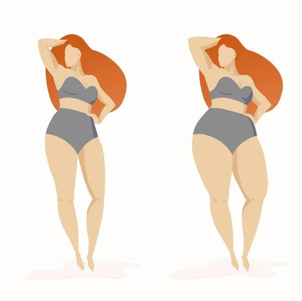 Twee dikke en dunne vrouwen met verschillende figuren. Dikke verliezen, voor en na afslanken. Meisjes met rood haar in grijze bikini. Geïsoleerd op witte achtergrond. vrouwelijk karakter mooi in elk lichaam — Stockvector