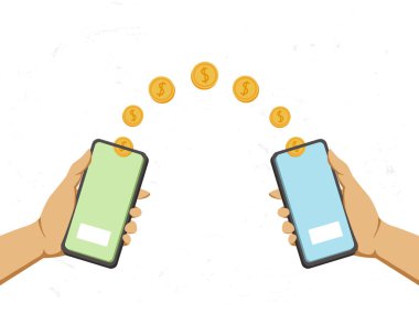 Ellerinde bir telefon ve düşen para online bir hesaba aktarılmış. Altın sikkeler telefondaki başka bir hesaba düşer. Vektör düz çizgi film çizimi. Mobil ödeme transferi