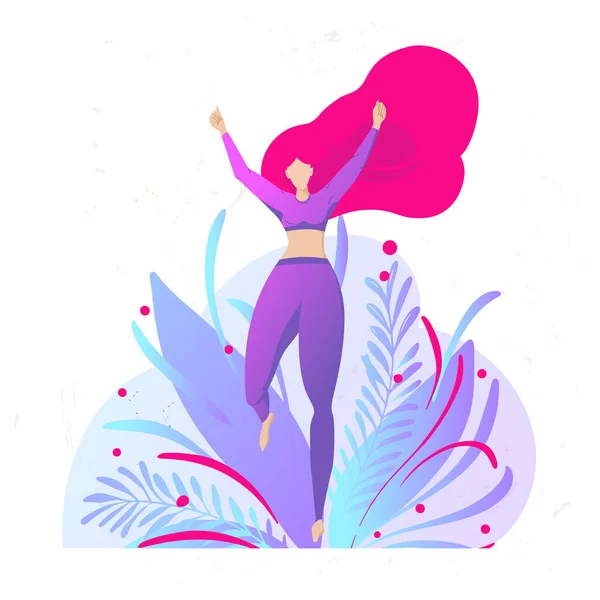Girl with beautiful red hair in sportswear is running. Victory Leap. Female silhouette. Vector trendy flat illustration — 스톡 벡터
