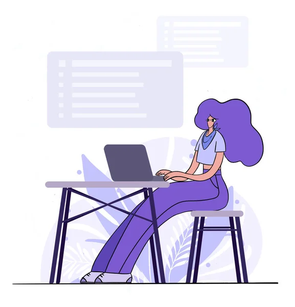 Una chica sentada en la silla trabaja en el portátil en las redes sociales. Estudiante estudiando. Personaje de mujer de negocios trabajando con computadora. Personaje femenino con pelo morado y ropa. Vector dibujos animados planos — Archivo Imágenes Vectoriales