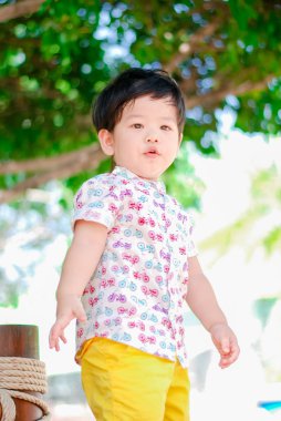 Sevimli küçük Asya çocuk mutlu güleryüzlü park açık havada, mutlu çocuklar