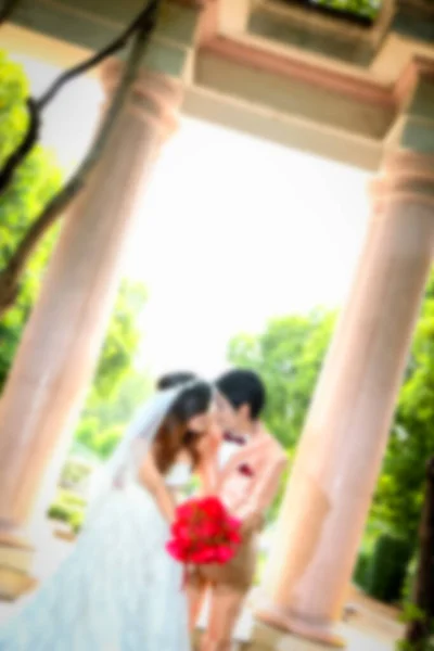 ドアを前結婚式 Sceen ツリー背景等アジアの恋人 事前に結婚式の写真 ぼかしソフト美しい プレ結婚式カップル幸せな男と女 — ストック写真