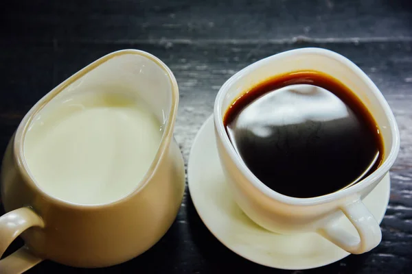 Espresso Milk Glass Black Wooden Table Top View — Stock Photo, Image