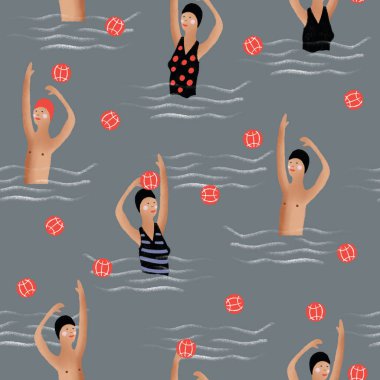 El çizimi dijital kalem çizimi şirin karikatür desenli illüstrasyon insanlar bebek tekstil, kumaş, keten ya da diğer dekorasyonlar için koyu gri arka planda yüzme havuzunda su topu oynuyorlar. 