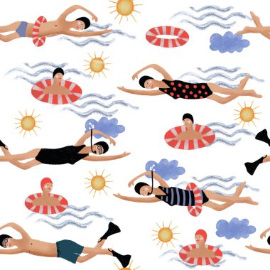 El çizimi dijital kalem boyası şirin karikatür boyası renksiz desen çizimi bebek tekstil, kumaş, keten ya da diğer dekorasyonlar için beyaz zemin üzerinde yüzen insanlar.