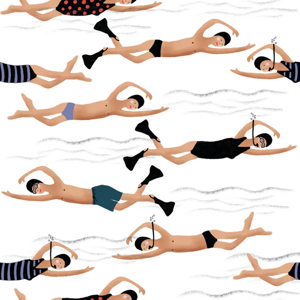 Handgezeichnete Digitale Bleistiftmalerei Niedlichen Cartoon Nahtlose Musterillustration Menschen Schwimmbad Für — Stockfoto