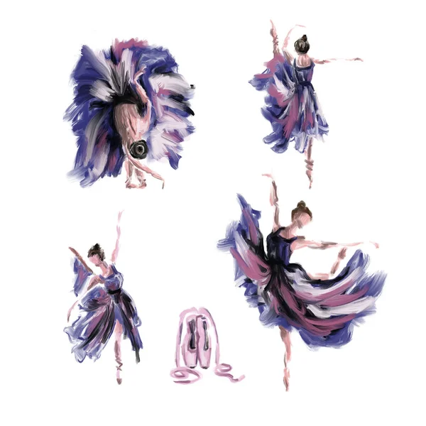 Hand Drawn Cute Oil Painting Pastel Color Illustration Set Ballerina — Stock Photo, Image