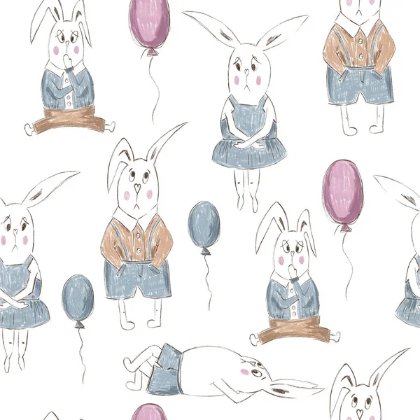 Hand drawn pencil pastel color cute cartoon seamless pattern illustration easter bunny with balloons on the white background