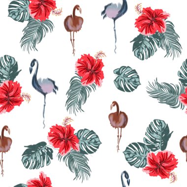 Beyaz arkaplanda tekstil, kumaş, keten, giysi, duvar kâğıdı dokusu veya ev dekorasyonu için el yapımı, dikişsiz dijital resim flamingo, palmiye yaprağı ve çiçek amblemi var. 