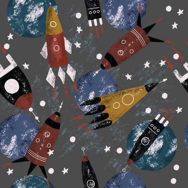 and drawn digital pencil pastel color cute cartoon grunge texture seamless pattern illustration rockets on the space, planets, stars, moon on dark gray background for textile, wallpaper texture