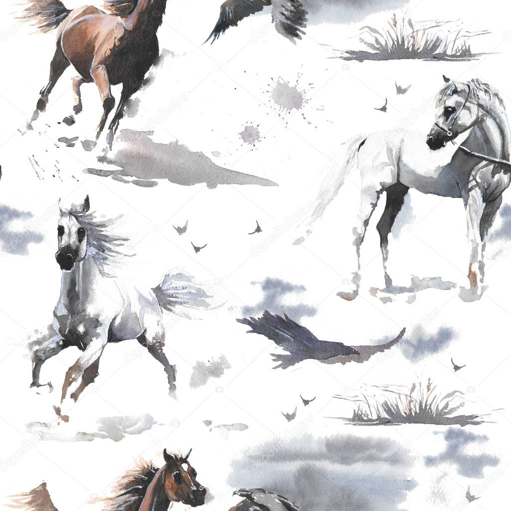 Hand drawn watercolor cute seamless pattern illustration white and dark brown wild Arabian horses, cloud, eagle on the white background for cloth, linen, wallpaper texture or other textile print