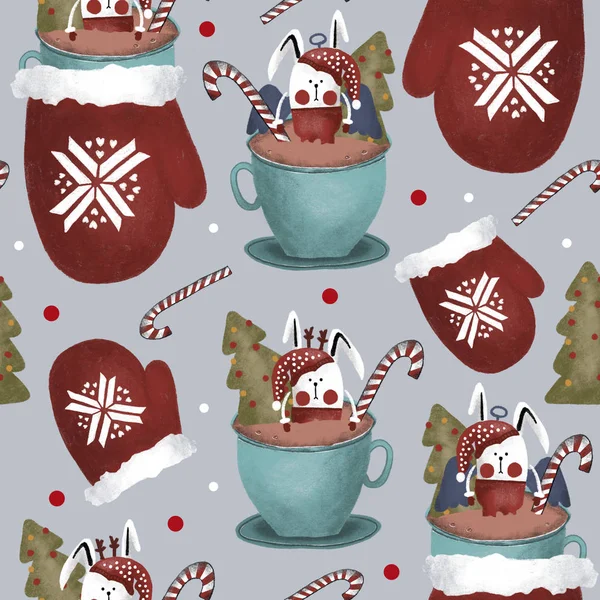 Hand drawn digital art cute cartoon pastel color pencil grunge style seamless pattern illustration  Santa bunny, tree, snowflakes,  candies, mittens, cup of coffee for baby textile or other texture