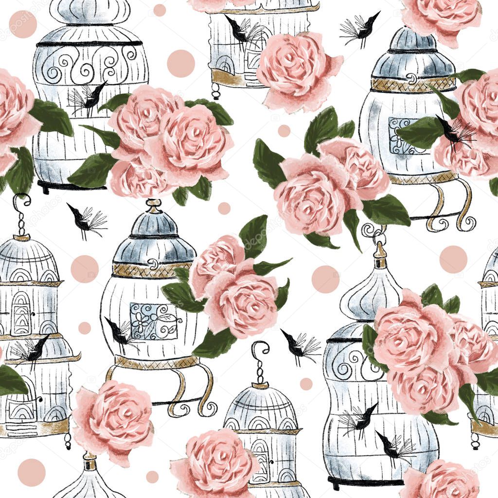 Hand drawn digital pastel color cute cartoon pencil illustration bird, cage, tea roses and polka dots on the white background for textile, cloth, linen, wallpaper texture or home decoration