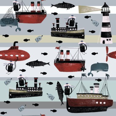 Hand drawn digital painting cute cartoon pencil grunge style seamless pattern illustration boat, lighthouse, bottle, colorful stripes, black cat and fish for textile and other print texture clipart