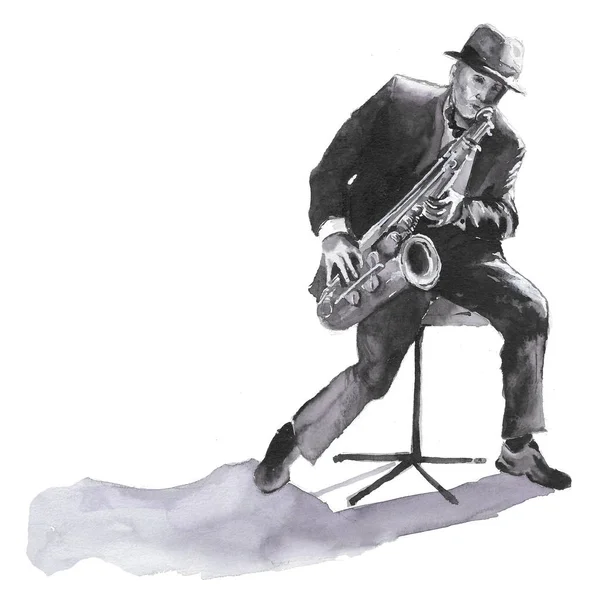 Ručně Kreslené Akvarel Ilustrace Černobílý Starý Muž Saxofonem Sedí Ulici — Stock fotografie