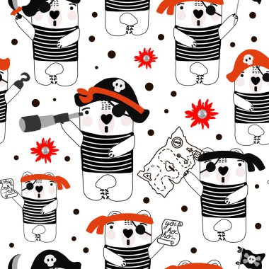 Bebek tekstil, kumaş, keten, duvar kâğıdı dokusu için beyaz arka planda el yapımı şirin çizgi film çizimi, kusursuz desenli karalama ayı korsanı ve kırmızı güneş.