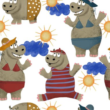 El çizimi dijital boya renkleri kusursuz desenli çizimler mutlu su aygırları plajda, güneş ve bulutlarda bebek tekstil için beyaz arka planda