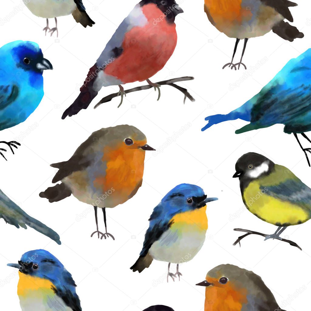 Hand drawn watercolor digital cute cartoon pastel color seamless pattern illustration colorful birds on the white background
