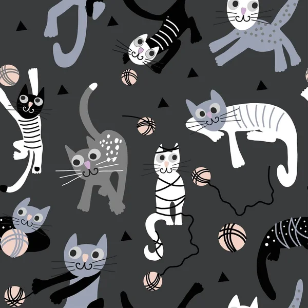 Hand Drawn Vector Cute Cartoon Seamless Pattern Illustration Cat Dark — 스톡 벡터