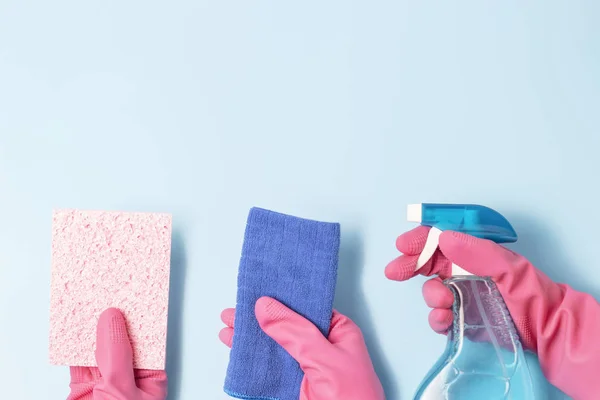 Three female hands holding spray bottle and rags, Spring cleaning concert. — 스톡 사진