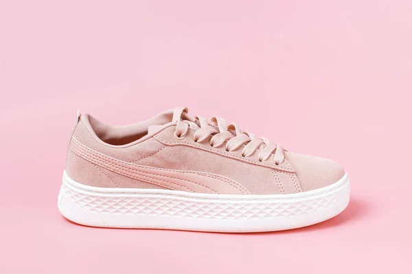 Female Pink Sneakers Pink Background Close Copy Space Side View — Stock Photo, Image