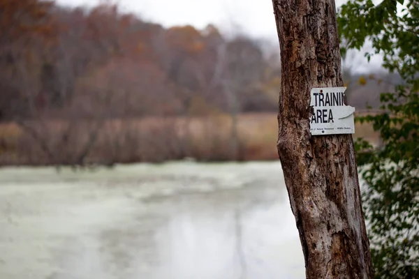 A weathered sign in a county park where dog training is allowed.