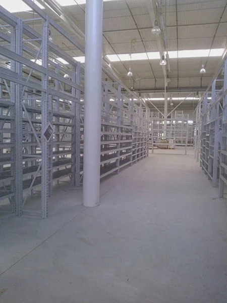 an empty storage hall with shelves