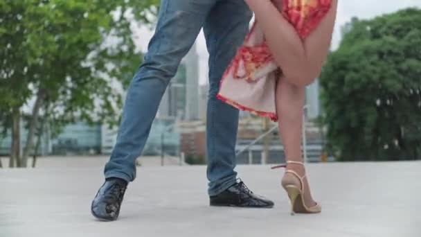 Un couple de danseurs de tango dansant avec Buenos Aires skyline sur fond — Video