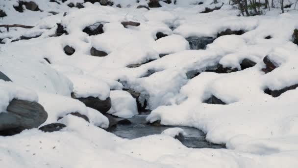 Vue large du ruisseau d'eau glaciaire qui coule à travers des roches recouvertes de neige — Video