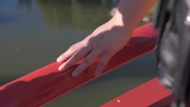 Mão de mulher adulta acariciando topo da ponte vermelha no jardim japonês — Vídeo de Stock