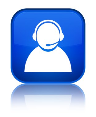 Müşteri bakım kutsal kişilerin resmi parlak mavi kare düğme