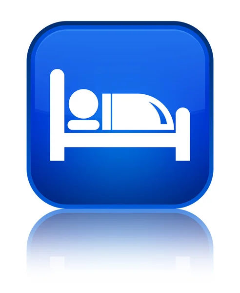 Hotel bed glanzende blauwe vierkante knoop van het pictogram — Stockfoto