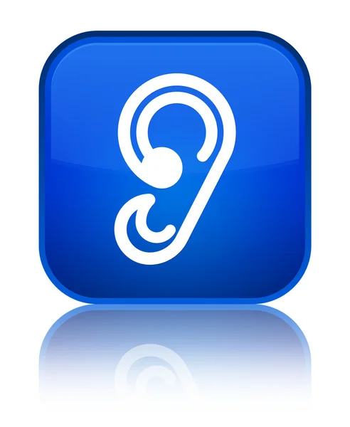 Ear icon shiny blue square button — Stock Photo, Image