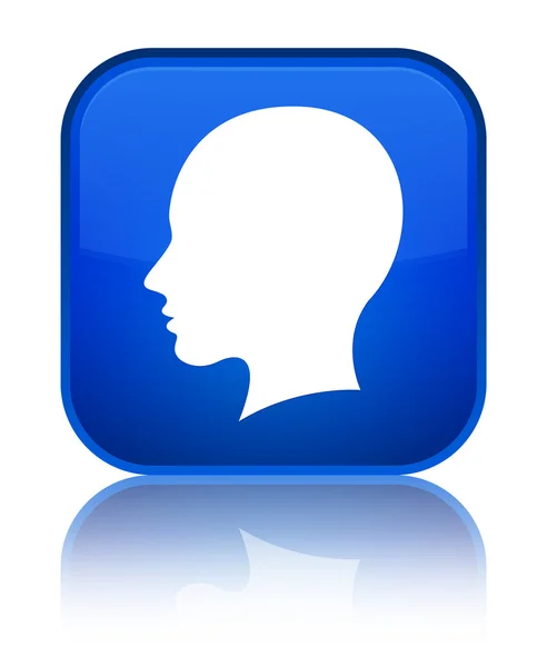 Head (female face) icon shiny blue square button — Stock Photo, Image