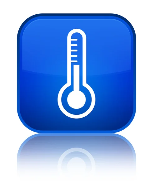 Ikon termometer mengkilap tombol persegi biru — Stok Foto