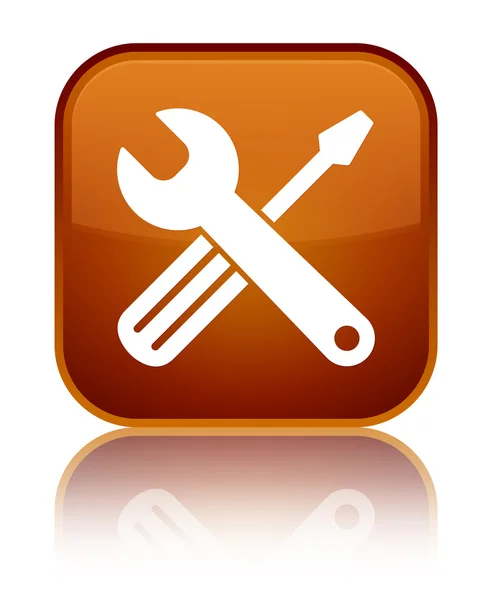 Ícone de ferramentas brilhante botão quadrado marrom — Fotografia de Stock